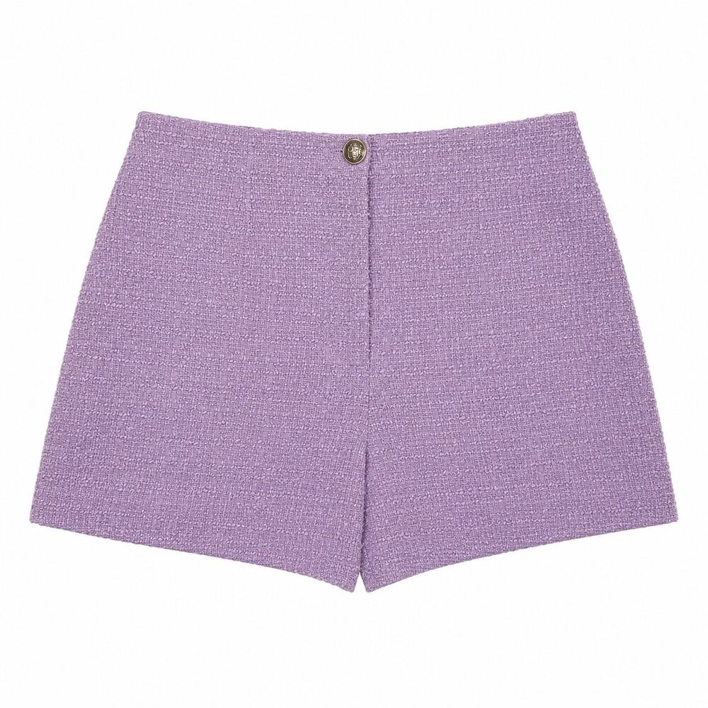 Zara high waisted shorts in lavender textured tweed with gold button. Women M